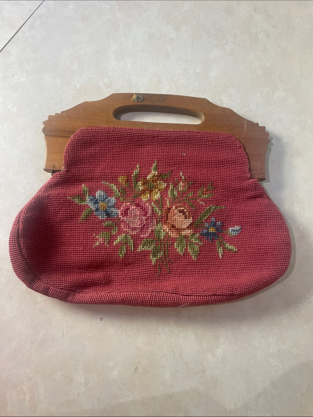 Vintage Floral Needlepoint Handbag in Rose Red with Wooden Frame